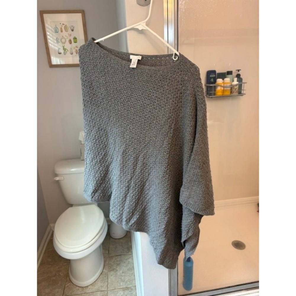 J. Jill Grey Textured Knit Asymmetrical Poncho Sweater Cotton Wool Blend OS
